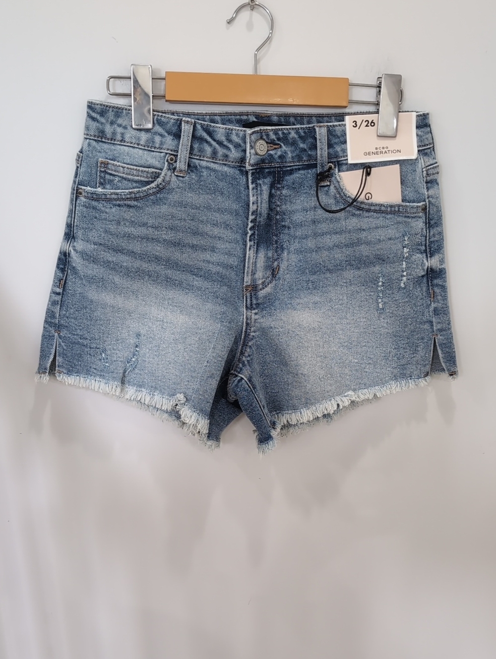 BCBGENERATION | Women's Light Blue Distressed Frayed Hi-Rise Jean Shorts